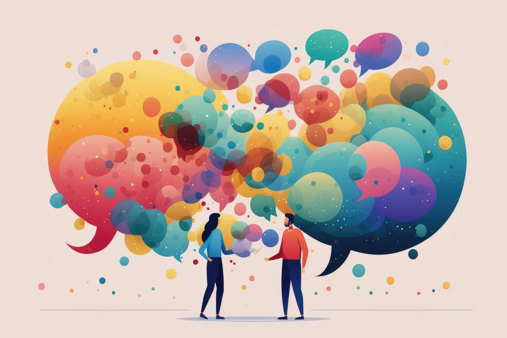 Two illustrated characters with large colourful speech bubbles above their heads.