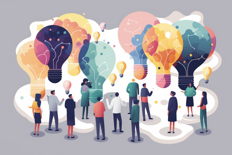 People characters develop creative business ideas. Isometric big light bulbs as metaphor above their heads. Illustration