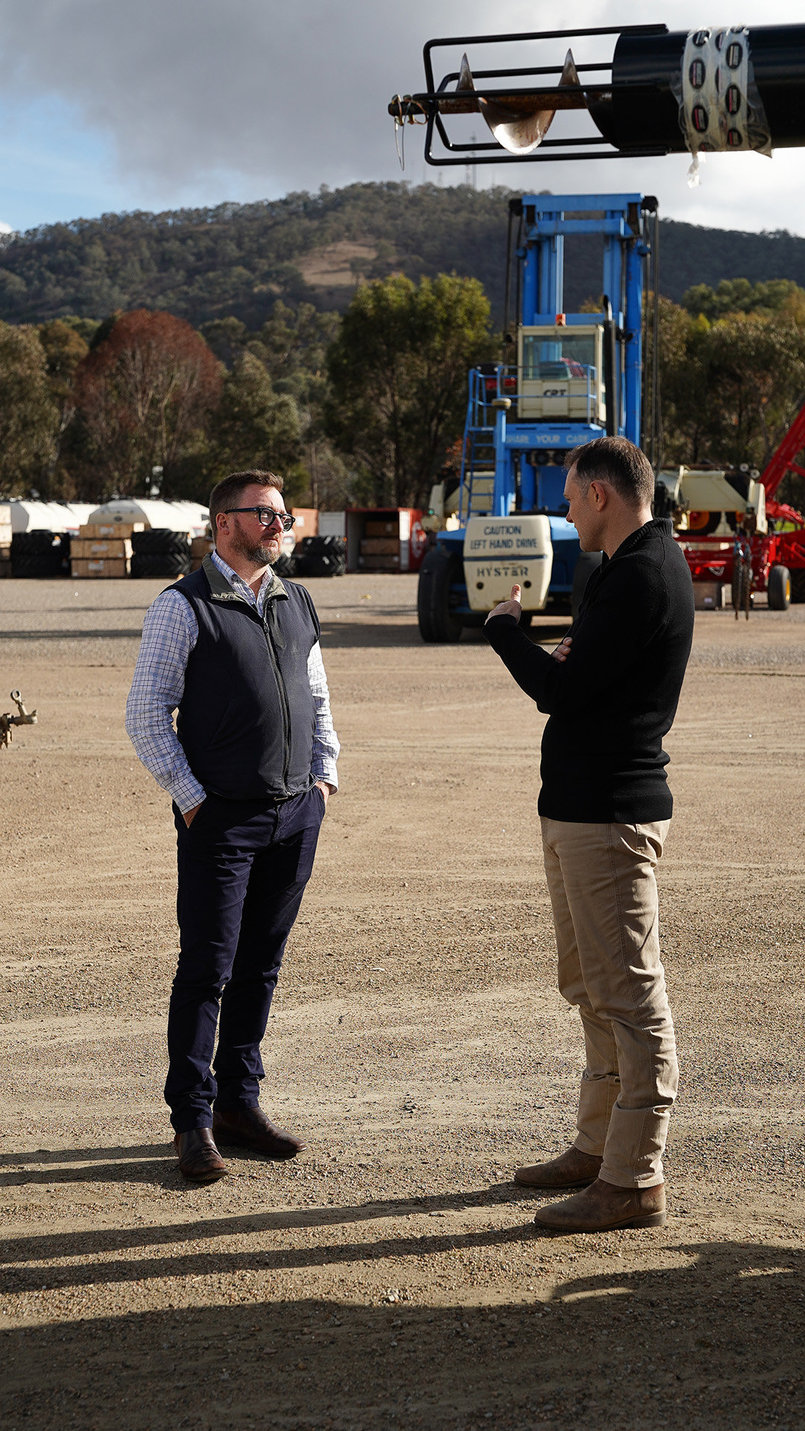 Brendan and Ryan chat on set for their Bourgault photoshoot