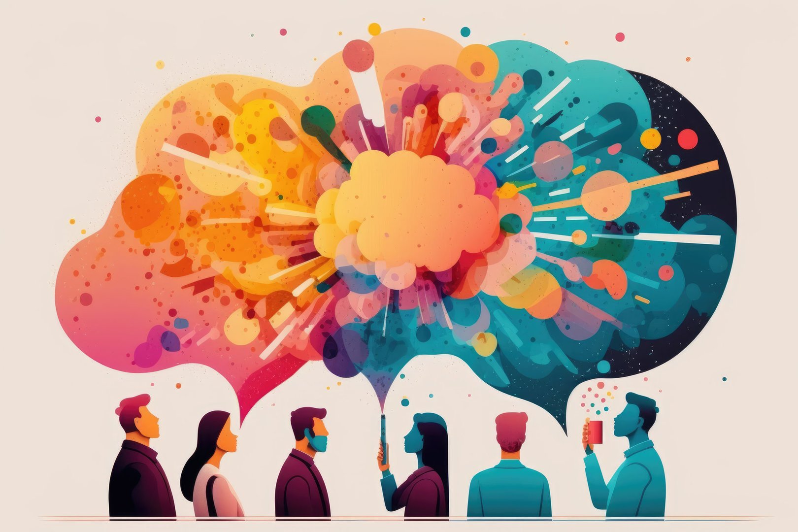 Illustrated characters with large colourful thought clouds above their heads.