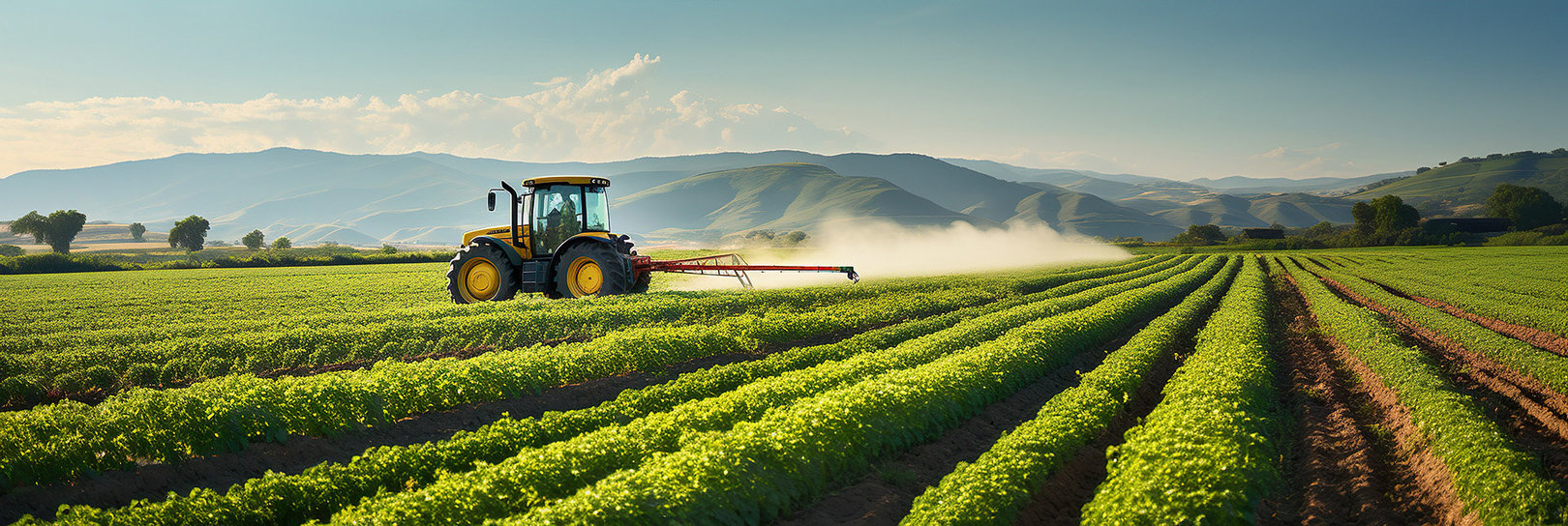 AI generated image of a tractor spray a field of crops. The Tractor is driving against the crops.