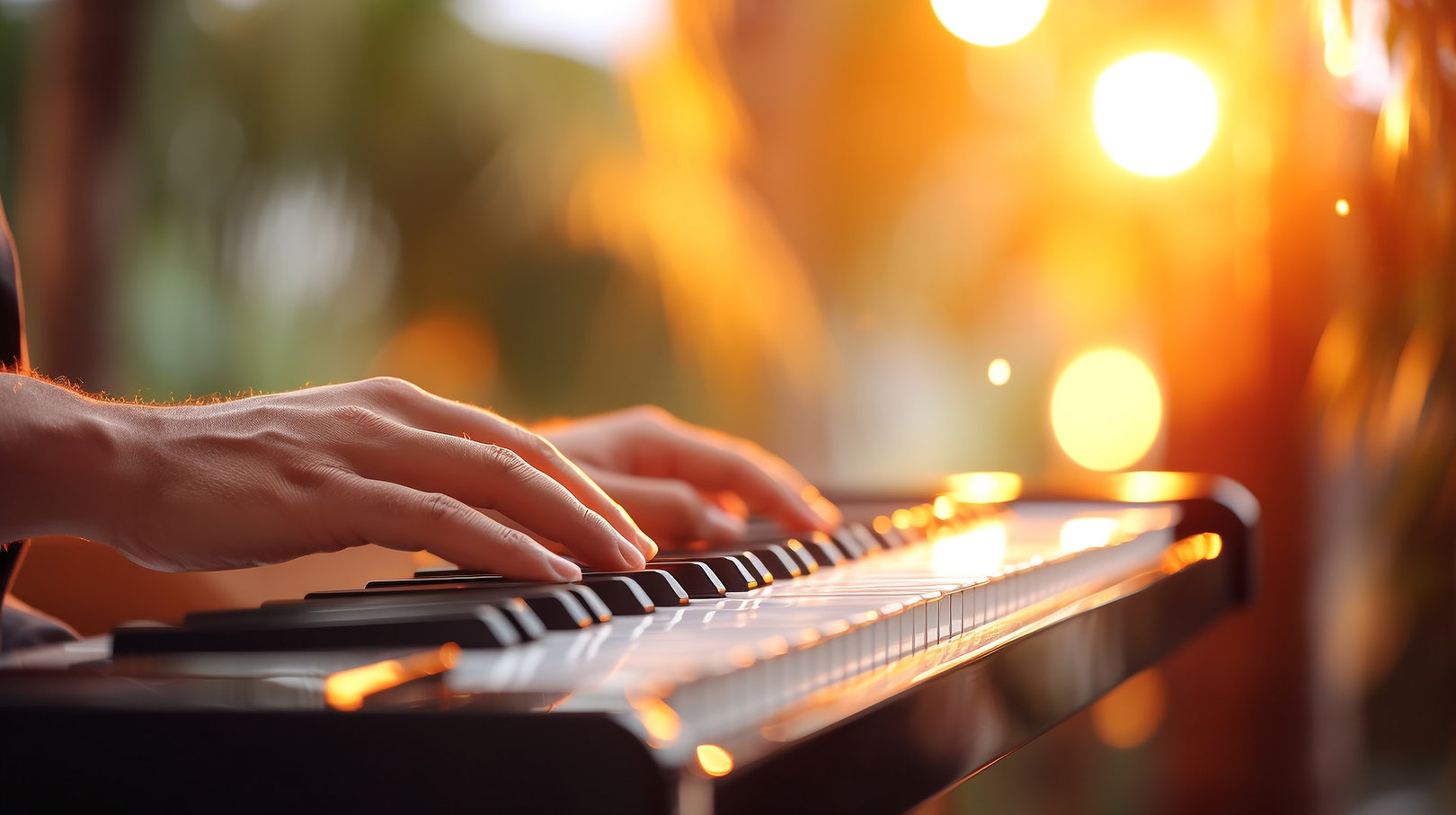 AI generated image of a person playing the Fiona. Close up of two hands playing keys. The piano is backwards.