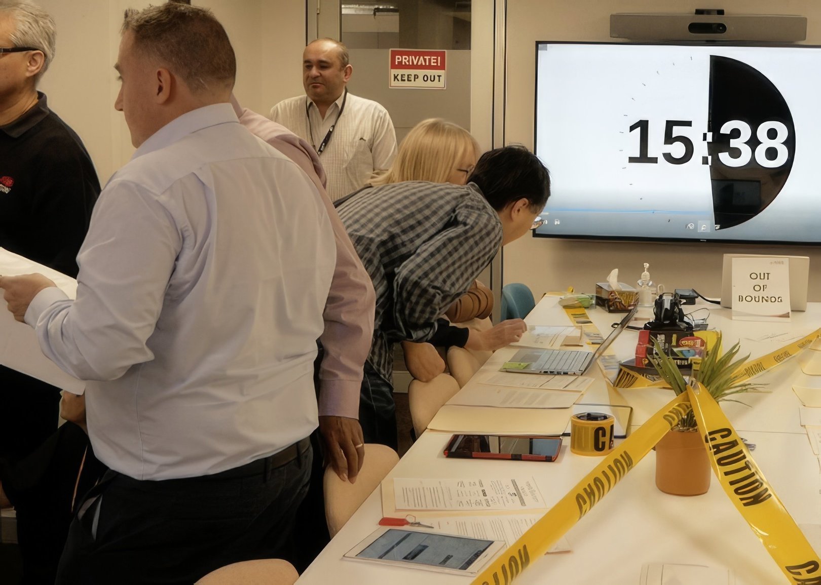 A team is gathered around a table in an escape room. A large timer is counting down on the tv