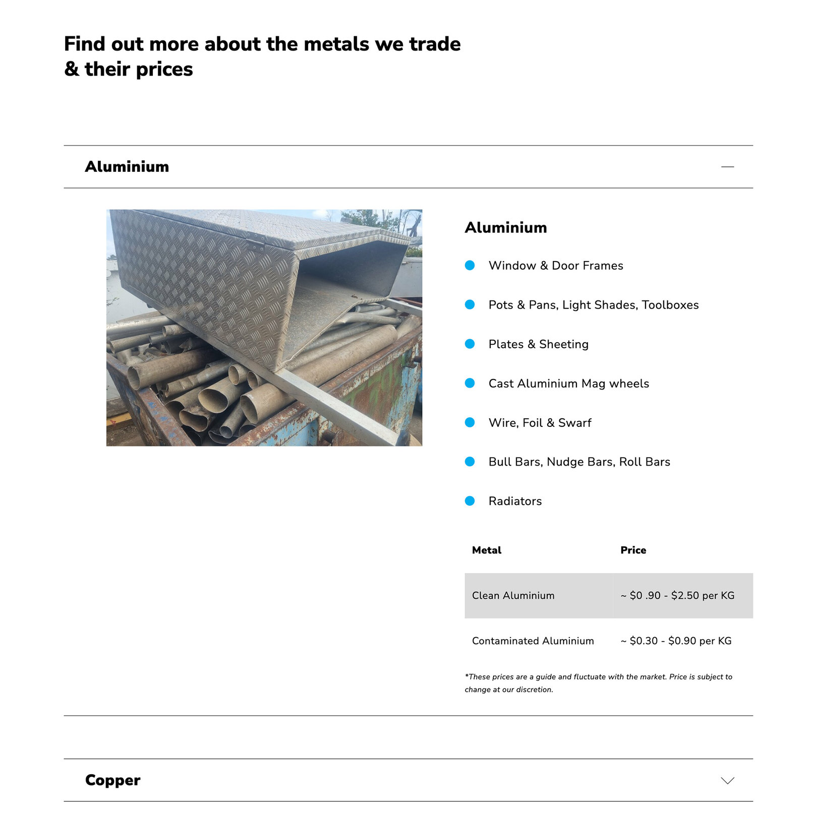 Full Scale Metal Traders website capture. Dropdown accordion containing information on aluminium.