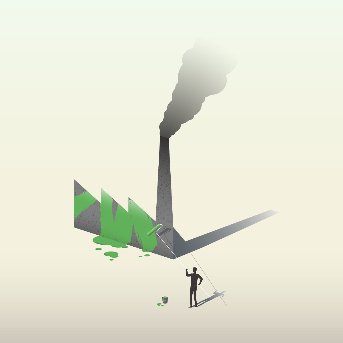 Illustration of a person painting a chimney with green paint. The chimney has dark grey smoke coming out of it.