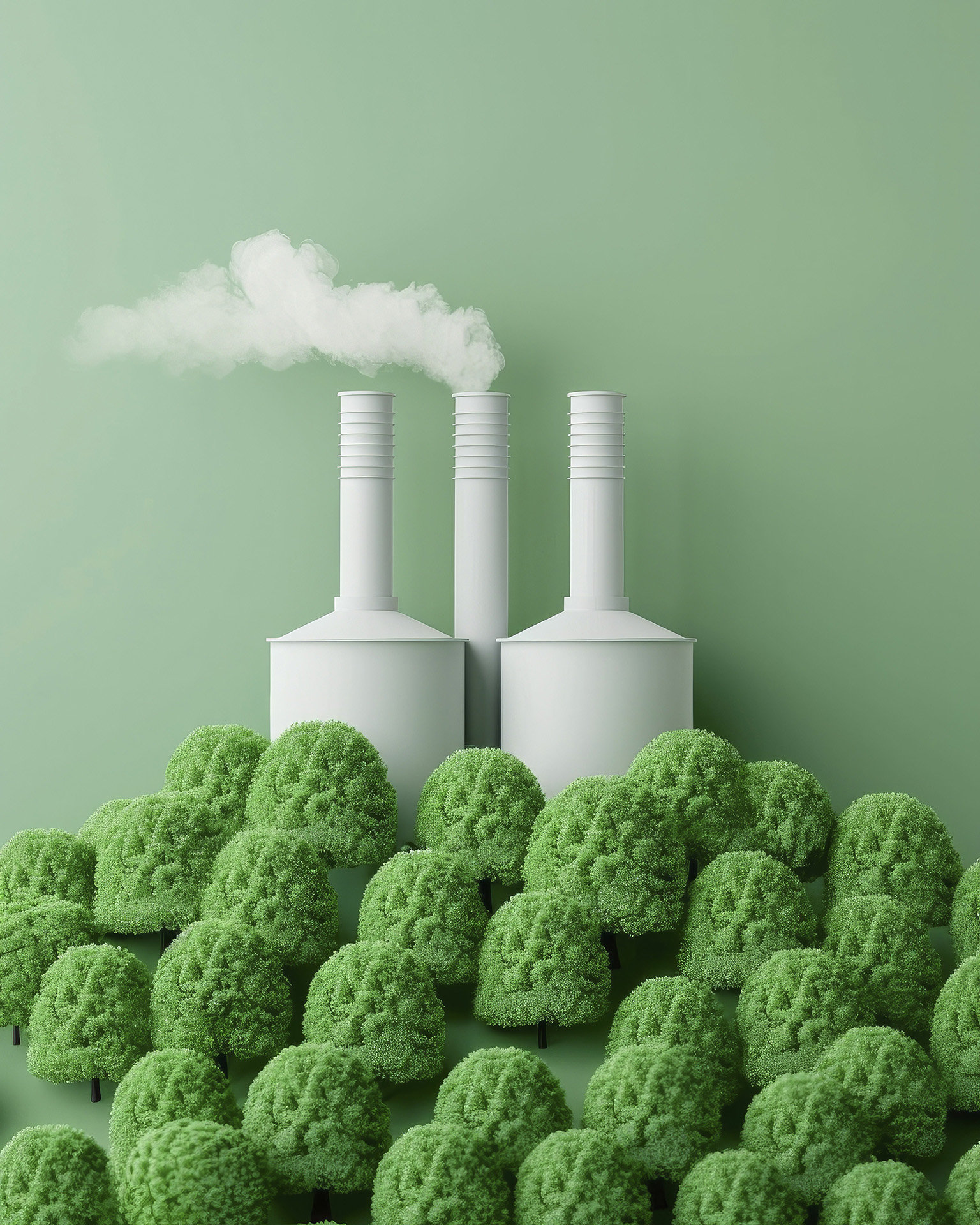 AI generated image of trees leading up to 3 chimneys/towers with smoke coming out of the middle one.