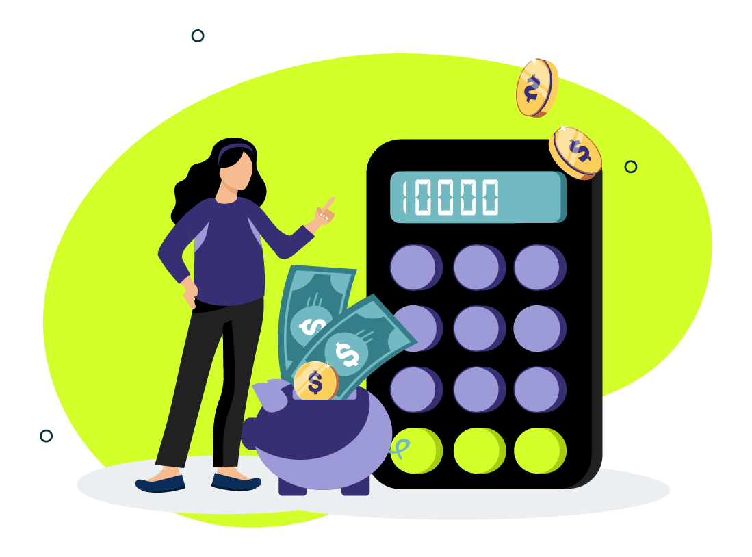 Illustration of a woman standing next to a human sized calculator and piggy bank.