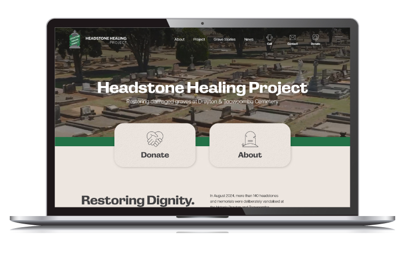 A laptop featuring the new website for the Headstone Healing Project