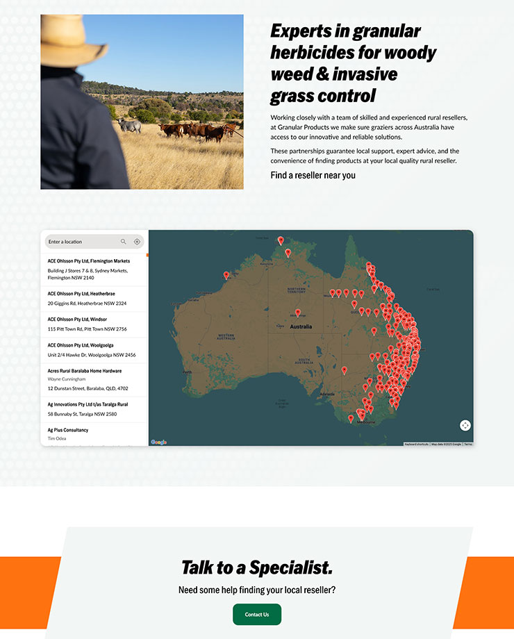 Screenshot of Granular Products "Where to Buy" page featuring searchable map.