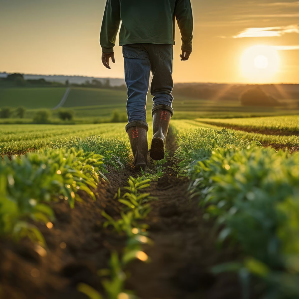 AI image of a farmer walking across a crop